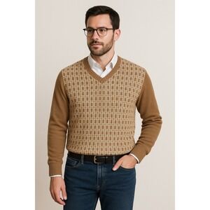 Kenneth Cole New York Tan Brown Geometric Wool Blend Sweater Size XL‎ Retro Y2K